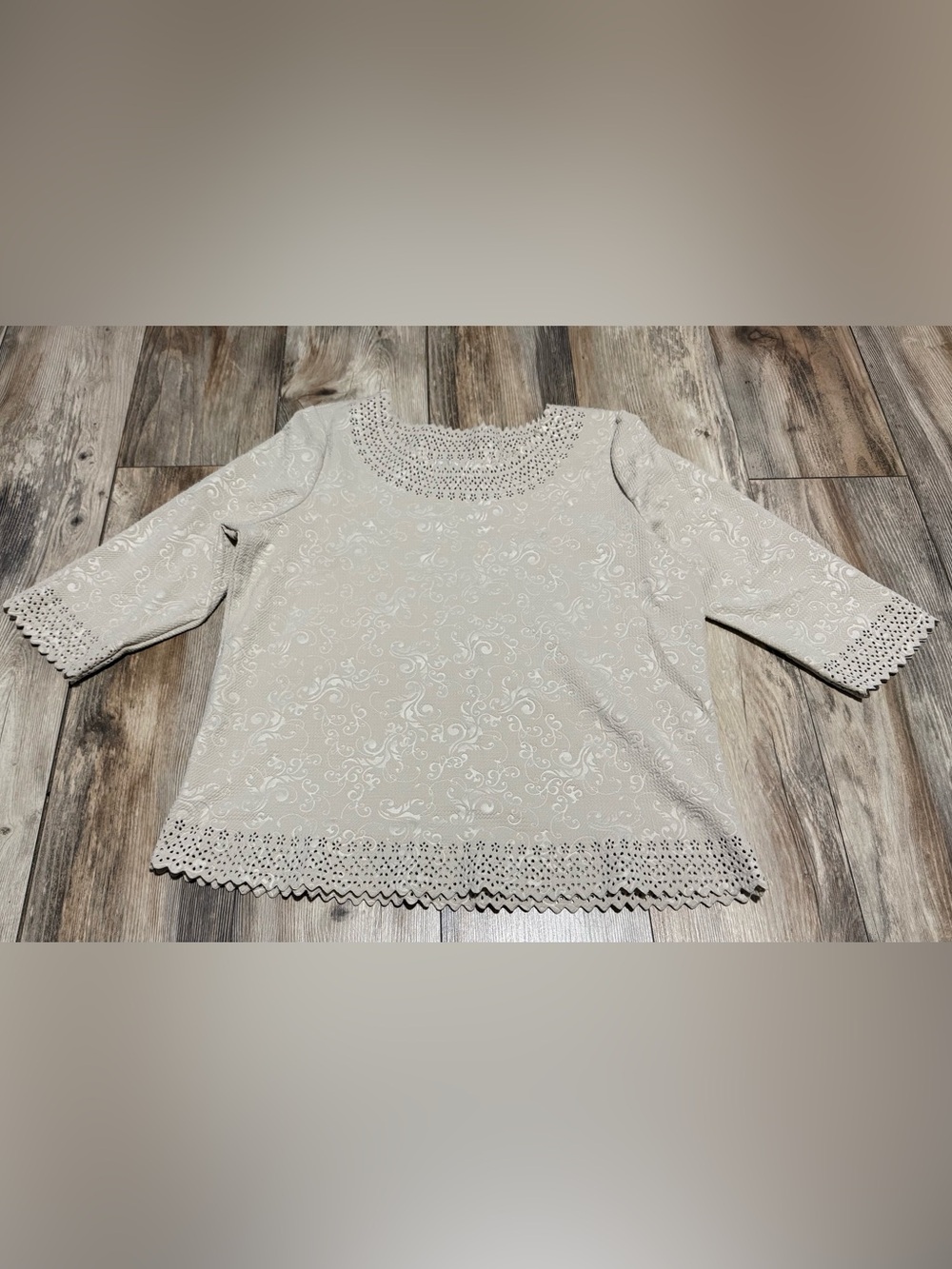 Rebecca Malone Cream Eyelet Trim 3/4 Sleeve Tunic